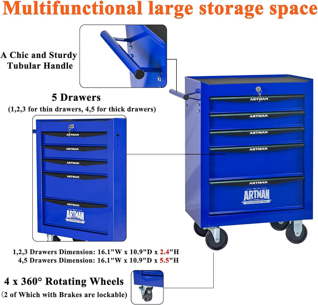 5 Drawers Tool Cart on Wheels, Multifunctional Rolling Tool Box, Drawers Rolling Trolley Organizer Tools Storage Chest for Warehouse,Garage,Workshop,Repair Shop (5 Drawers-30.5"H)
