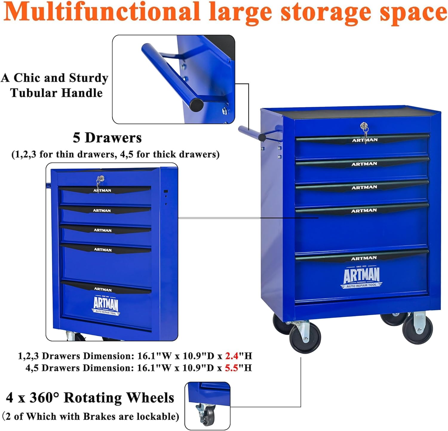5 Drawers Tool Cart on Wheels, Multifunctional Rolling Tool Box, Drawers Rolling Trolley Organizer Tools Storage Chest for Warehouse,Garage,Workshop,Repair Shop (5 Drawers-30.5"H)