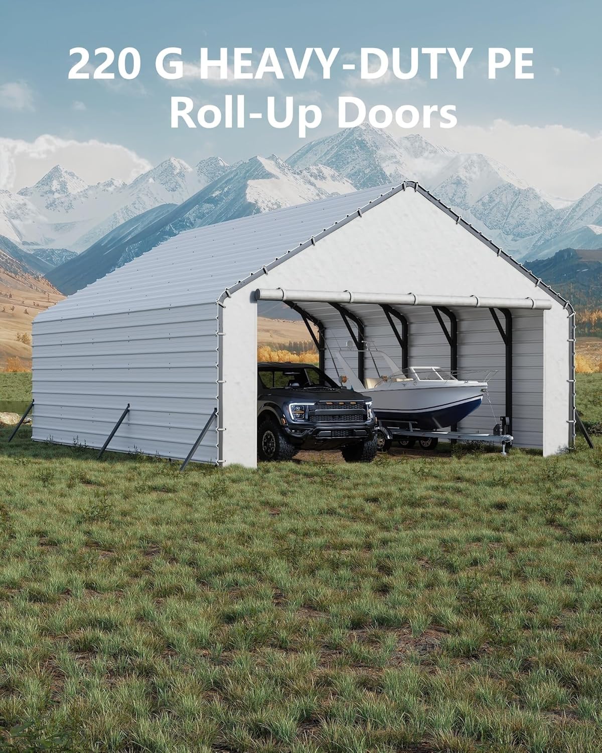 Carport Enclosure Kit for 20x26 20x21 20x16 Metal Carports, 2-Pack Heavy-Duty 220gsm PE Roll-Up Zipper Door Panels, Front & Back Cover with Ball Bungees,White