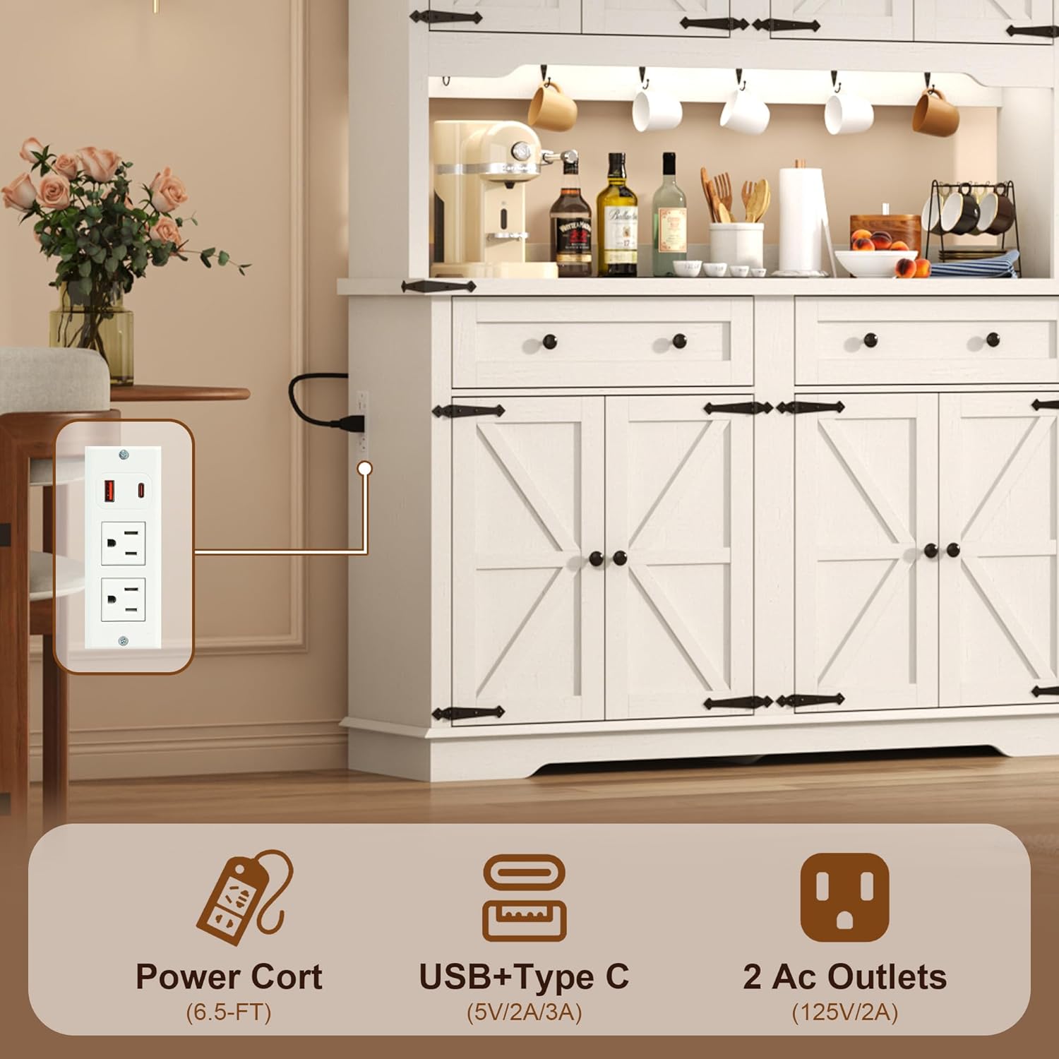 71" Tall Large Pantry Storage Cabinet w/Power Outlet,55" Wide Farmhouse Kitchen Hutch Storage Cabinet w/Barn Doors,2 Drawer,Large Countertop,LED Light,Rustic Coffee Bar,6 Hooks,8 Doors Shelves