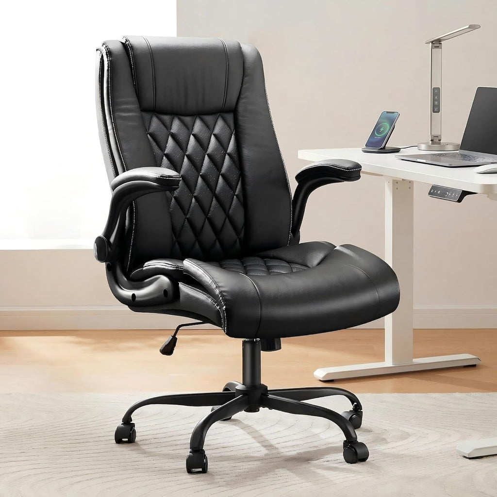 Marsail Executive Office Chair with Flip-up Armrests,PU Leather Ergonomic Desk Chair Height-Adjustable Swivel Rolling Desk Chair (Dark)