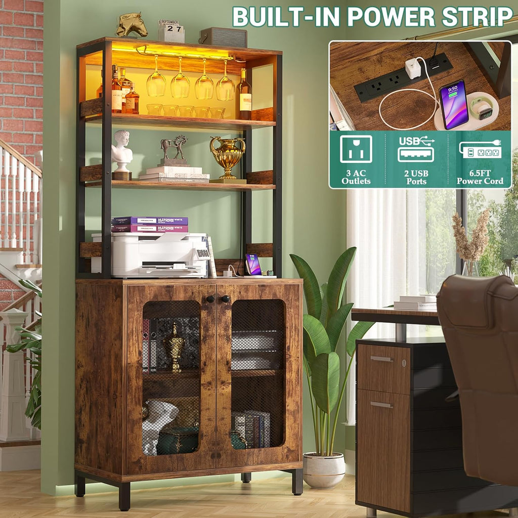 Aheaplus Bar Cabinet with Power Outlets, Wine Bar Cabinet Liquor Cabinet with LED Lights & Glass Holder, Coffee Bar Station, Microwave Stand, Rustic Brown
