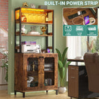 Aheaplus Bar Cabinet with Power Outlets, Wine Bar Cabinet Liquor Cabinet with LED Lights & Glass Holder, Coffee Bar Station, Microwave Stand, Rustic Brown