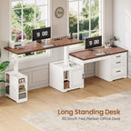 SEDETA Farmhouse L Shaped Electric Standing Desk, 63" x 67" Height Adjustable Home Office Executive Desk with Drawers and Shelves, Standing Computer Desks with Power Outlet for Home Office, White