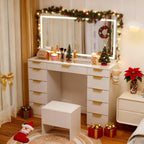Pamapic Glass Top Vanity Desk with Mirror and Lights, 11 Drawers Makeup Vanity with Charging Station and Chair, Golden Handles Dressing Table, 3 Lighting Modes Makeup Table, White