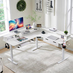 RedLemon Electric L Shaped Standing Desk, 60" Motor Height Adjustable Sit Stand Corner Desk with Led, Large Home Office Desk Computer Workstation, Antique White