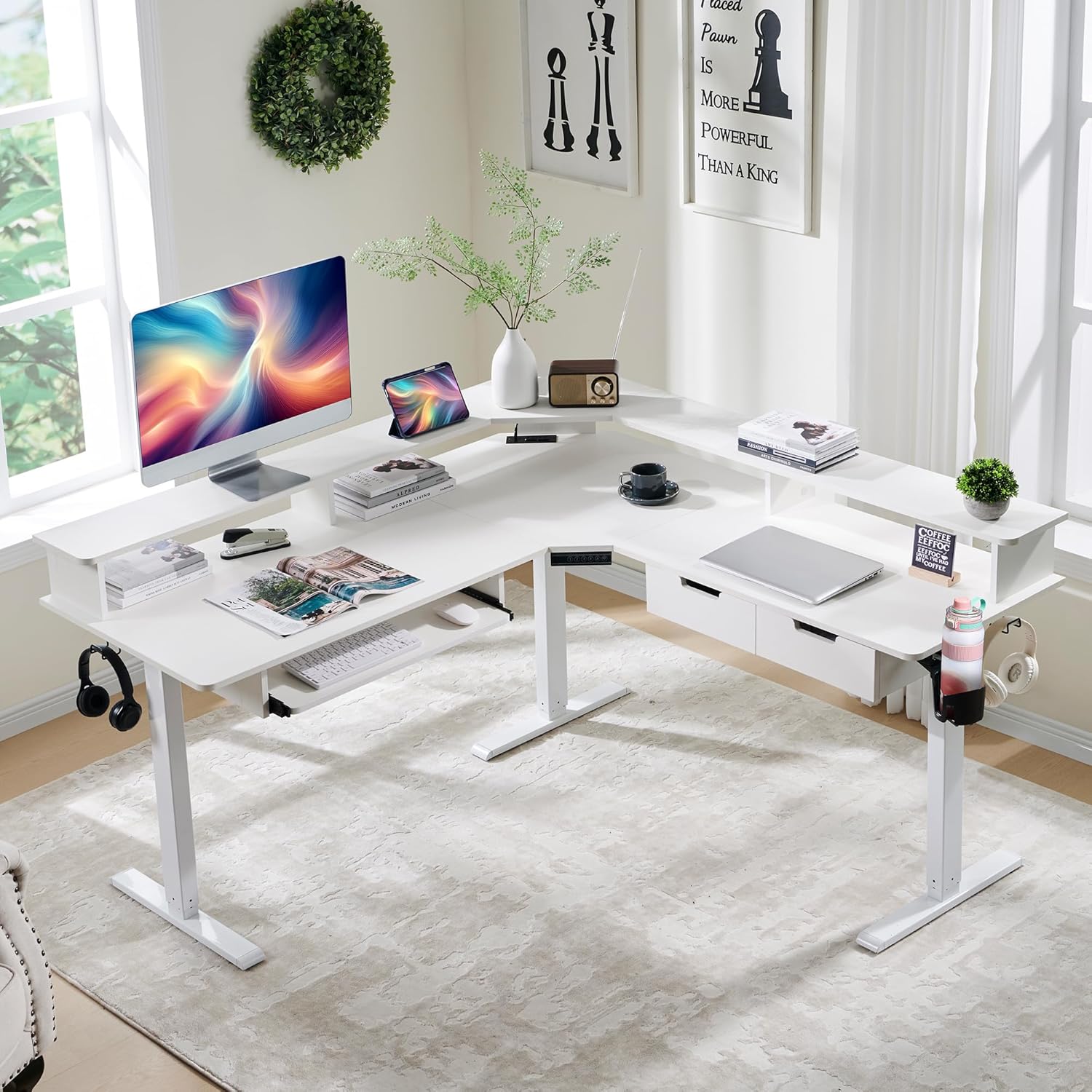 RedLemon Electric L Shaped Standing Desk, 60" Motor Height Adjustable Sit Stand Corner Desk with Led, Large Home Office Desk Computer Workstation, Antique White