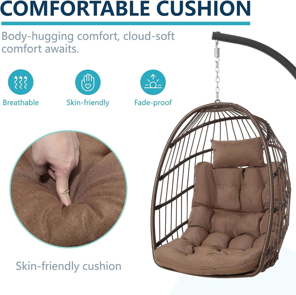 LEYCAY Hanging Egg Chair with Stand, Outdoor Indoor Swing Egg Chair with Cushion, Wicker Hammock for Patio, Bedroom 350 LBS Capacity-Brown