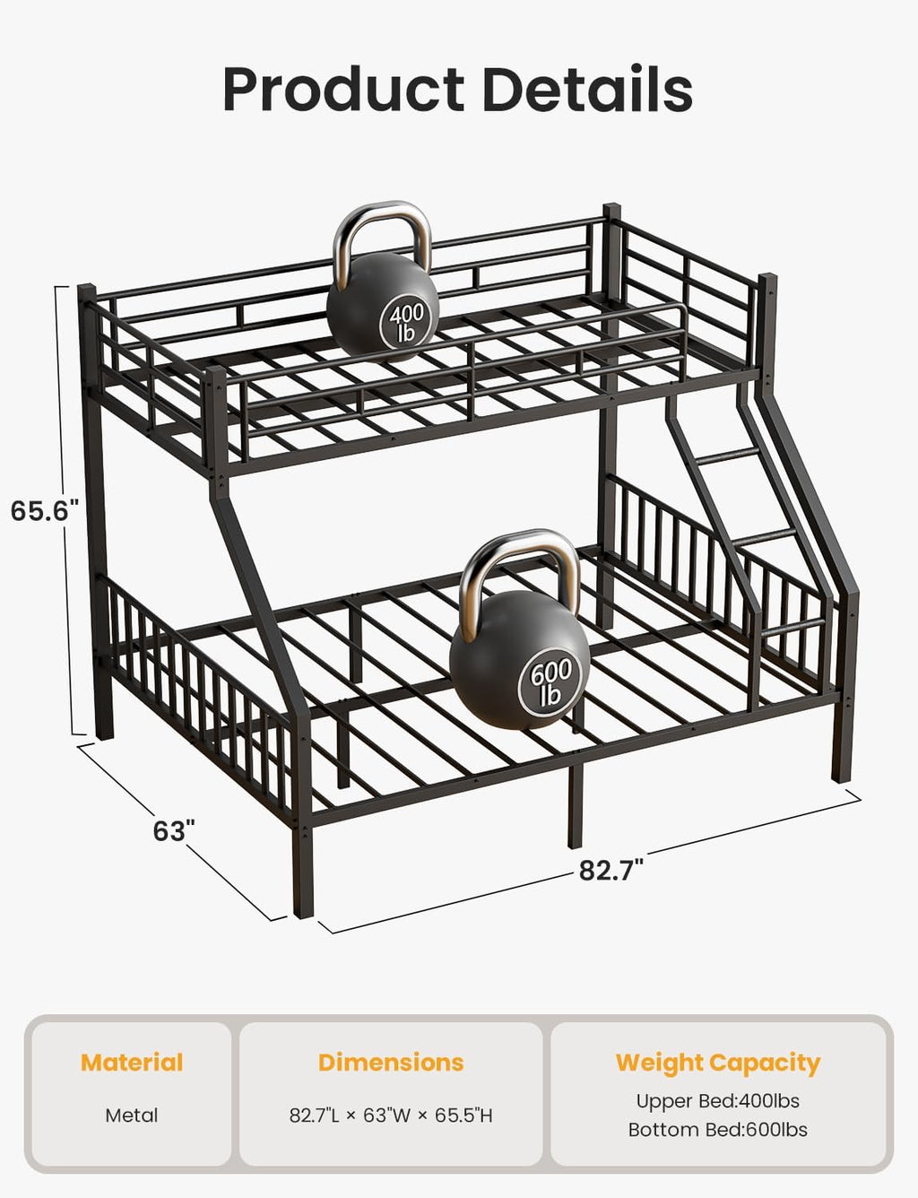 Twin XL Over Queen Bunk Bed, Heavy Duty Queen Bunk Bed for Adults, Metal Bed Frame with Full-Length Guardrails & EVA Padded Anti-Slip Ladder, No Box Spring Needed, Black