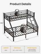 Twin XL Over Queen Bunk Bed, Heavy Duty Queen Bunk Bed for Adults, Metal Bed Frame with Full-Length Guardrails & EVA Padded Anti-Slip Ladder, No Box Spring Needed, Black