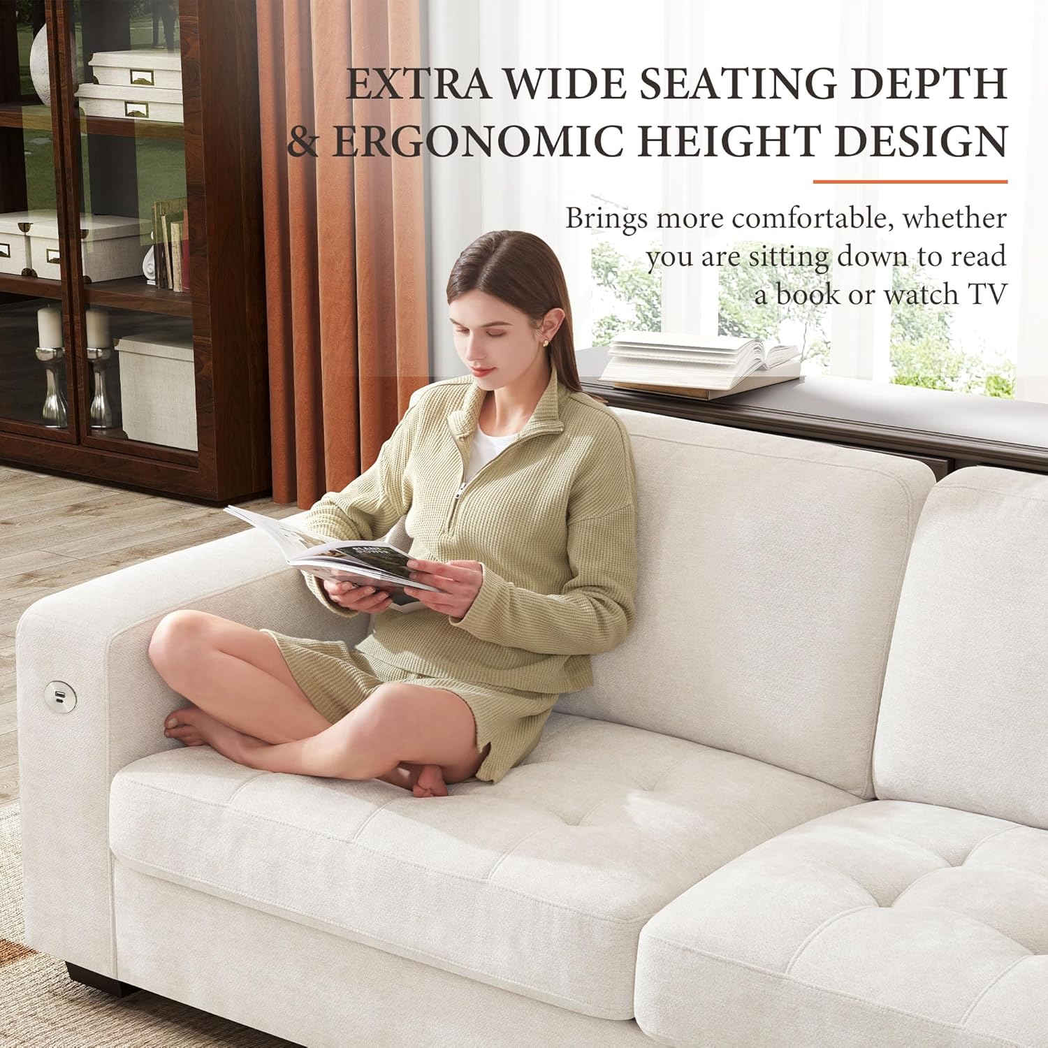 Ihanherry 89" Modern Sofa Cloud Couch, Chenille Deep Seat Sofa with Removable Cover for Living Room, Bedroom and Apartment, Beige