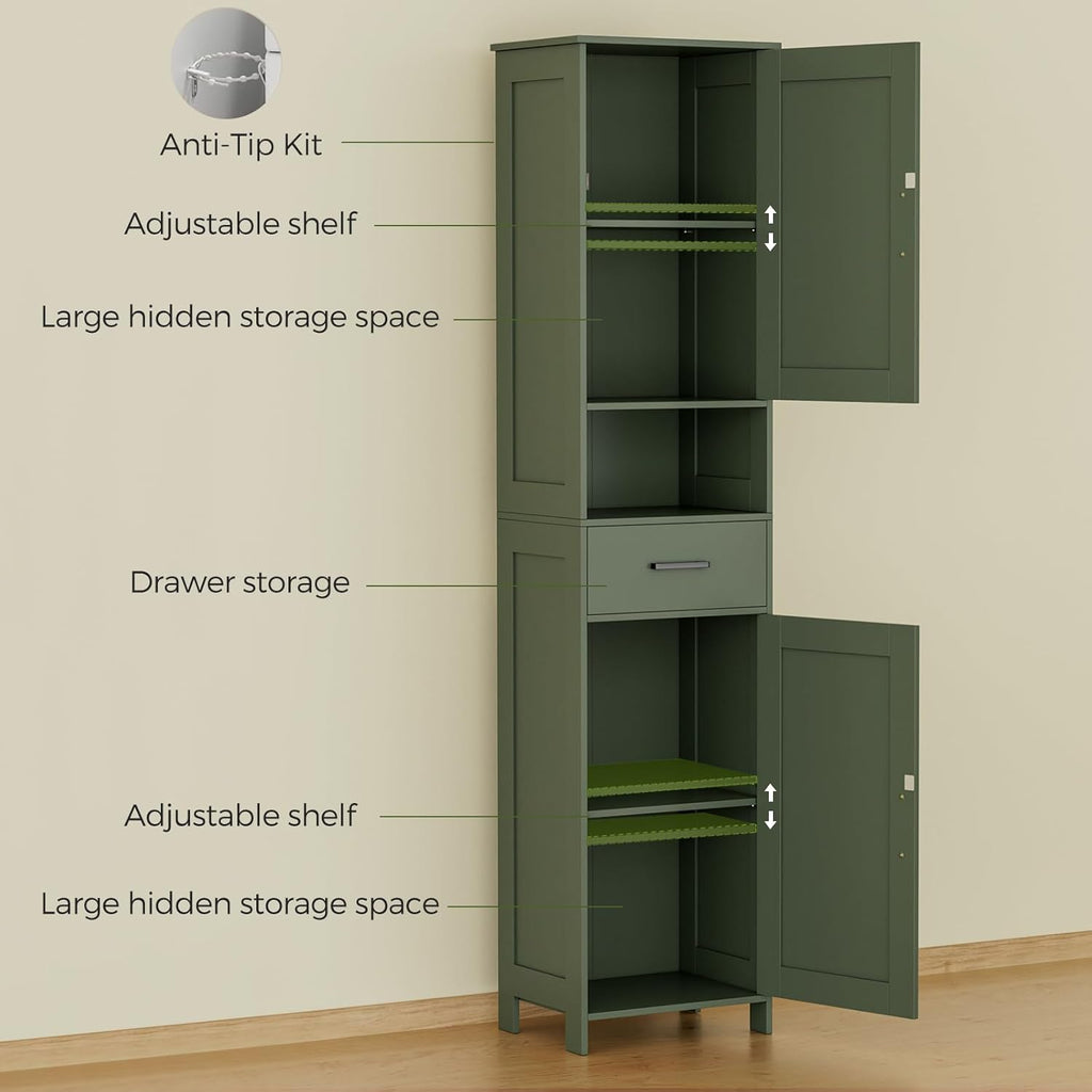 Homhedy 67" H Tall Bathroom Storage Cabinet with 2 Barn Doors and 1 Drawer, Narrow Storage Unit, Adjustable Shelves, Floor Cabinet for Bathroom, Living Room, Entryway, Kitchen, Green, (15.7" W)