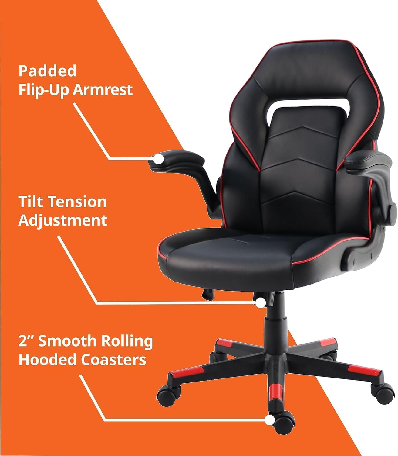 NuSparc SpawnSafe Gaming Chair, Adjustable Height, Flip-up Armrests, 360° Swivel, Black/Red