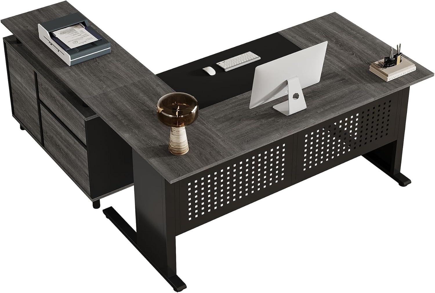 Tribesigns 63-Inch L-Shaped Executive Desk with Storage Shelves, Large Office Computer Desk with Drawers and File Cabinet, Industrial Business Workstation for Home Office, Gray and Black