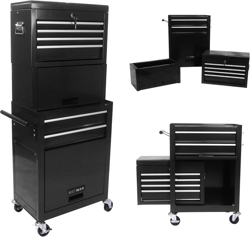 RYH 6 Drawers Rolling Tool Chest & Tool Box on Wheels | Heavy Duty Metal Cart with Ball Bearing Drawers | Fits US General Tool Box for Garage Storage (Black, 6 Drawers 3 in 1/51.99" H × 20.87" W)