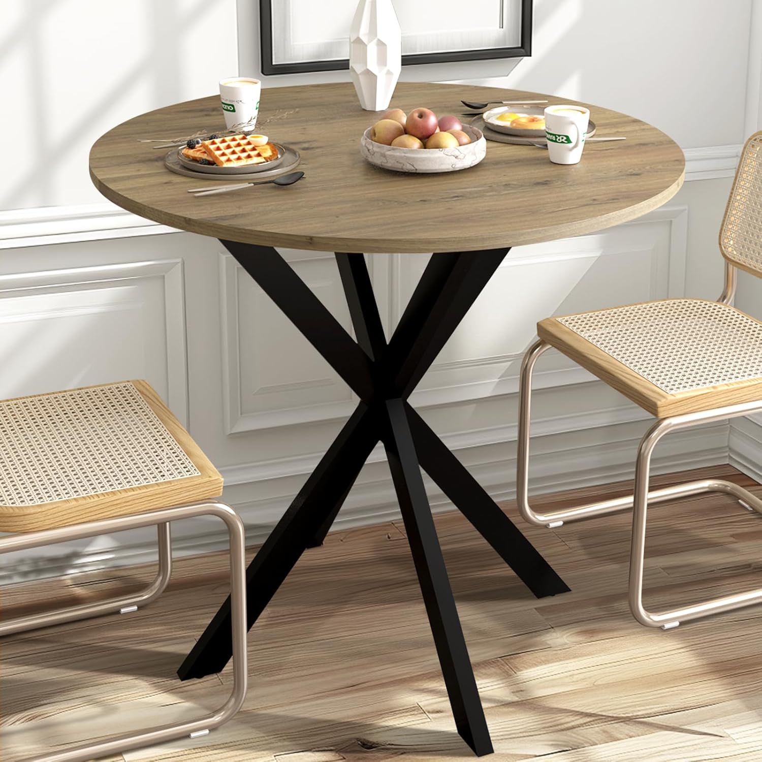 Unovivy 31.5" Small Round Dining Table for 2-4, Space Saving Circle Kitchen Dinner Table, Industrial Mid Century Modern Dining Room Desk for Kitchen, Apartment, Natural Oak