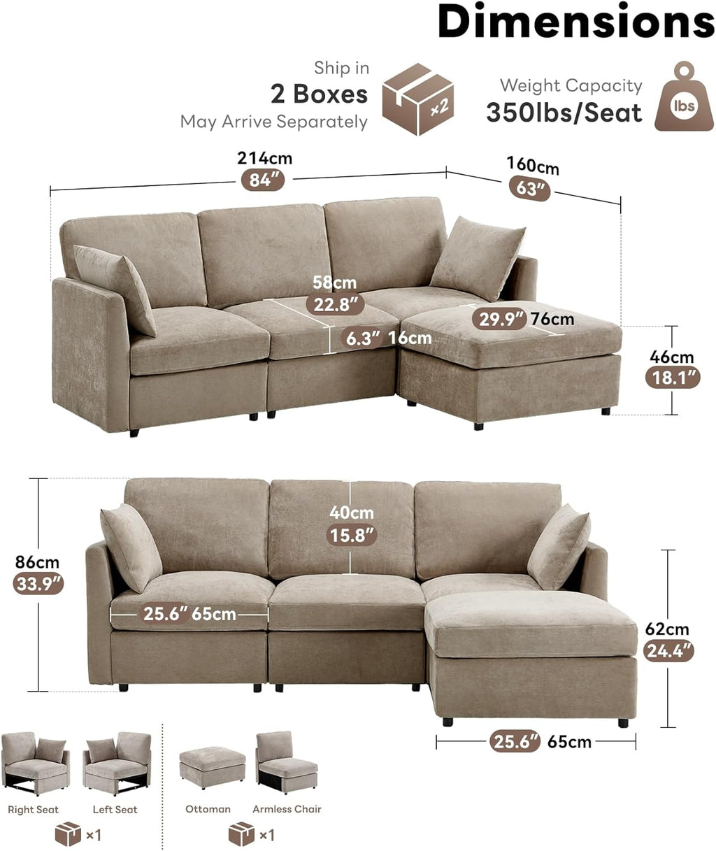 Sectional Cloud Couch for Living Room, Spring Cushion Seating, L Shaped Convertible Modular Sofa with Ottoman, Khaki | Convertible, Balanced Comfort, Soft-Strong Chenille, Apartment-Friendly