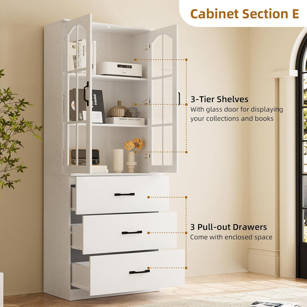 TUSY 71" Tall Bookcase with Glass Door, 6-Tier Modern Bookshelf with Drawer, 23.6" Wide Storage Cabinet with Countertop, Freestanding Display Cabinet for Living Room, Home Office (AEA)