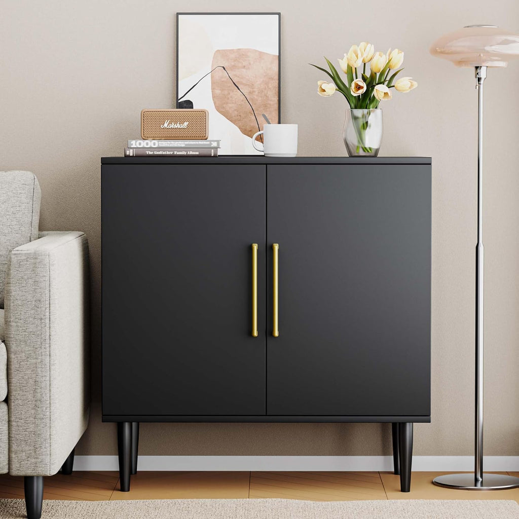 Black Buffet Cabinet, Free Standing Sideboard with Storage, Wood Accent Cabinet with Doors,Modern Credenza, Sideboard Storage Cabinet for Living Room, Dining Room(1, Black & Gold)