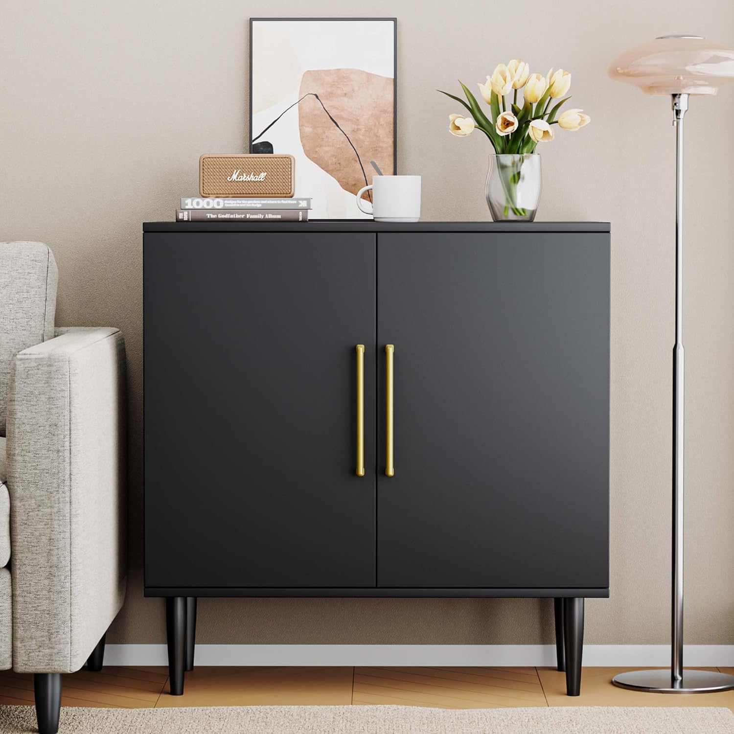 Black Buffet Cabinet, Free Standing Sideboard with Storage, Wood Accent Cabinet with Doors,Modern Credenza, Sideboard Storage Cabinet for Living Room, Dining Room(1, Black & Gold)