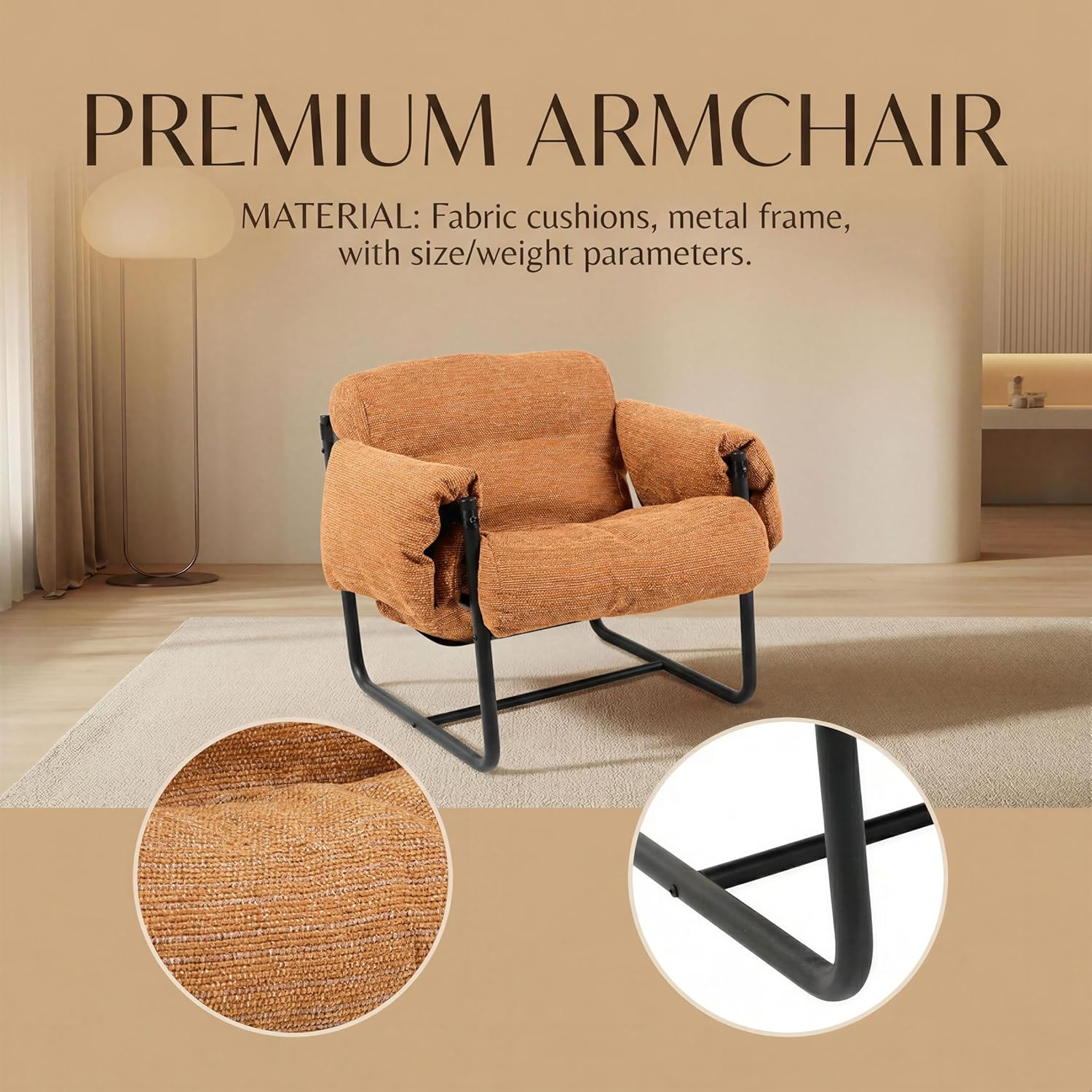 Kinfant Mid Century Modern Accent Chair, Chunky Upholstered Armchair with Metal Frame, Oversized Lounge Chair for Living Room Bedroom Small Spaces, Textured Chenille Fabric, Caramel Brown