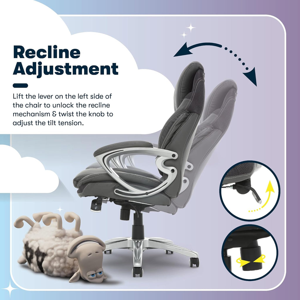 Serta Bryce Executive Office Chair - Ergonomic Computer Desk Chair with Patented AIR Lumbar Technology - Adjustable Height - Memory Foam Body Pillows - 360° Swivel Rolling Base - Bonded Leather - Gray