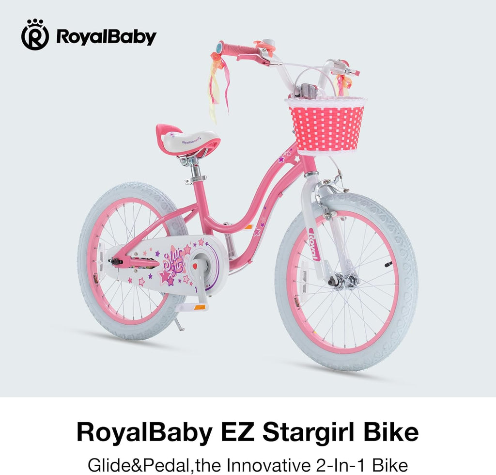 RoyalBaby Girls Bike, Stargirl EZ Kids Bike Balance and Pedal Bicycle with Basket and Dual Handbrake, 12 14 16 18 Inch Toddlers to Big Kids 3-8 Years, Multiple Colors