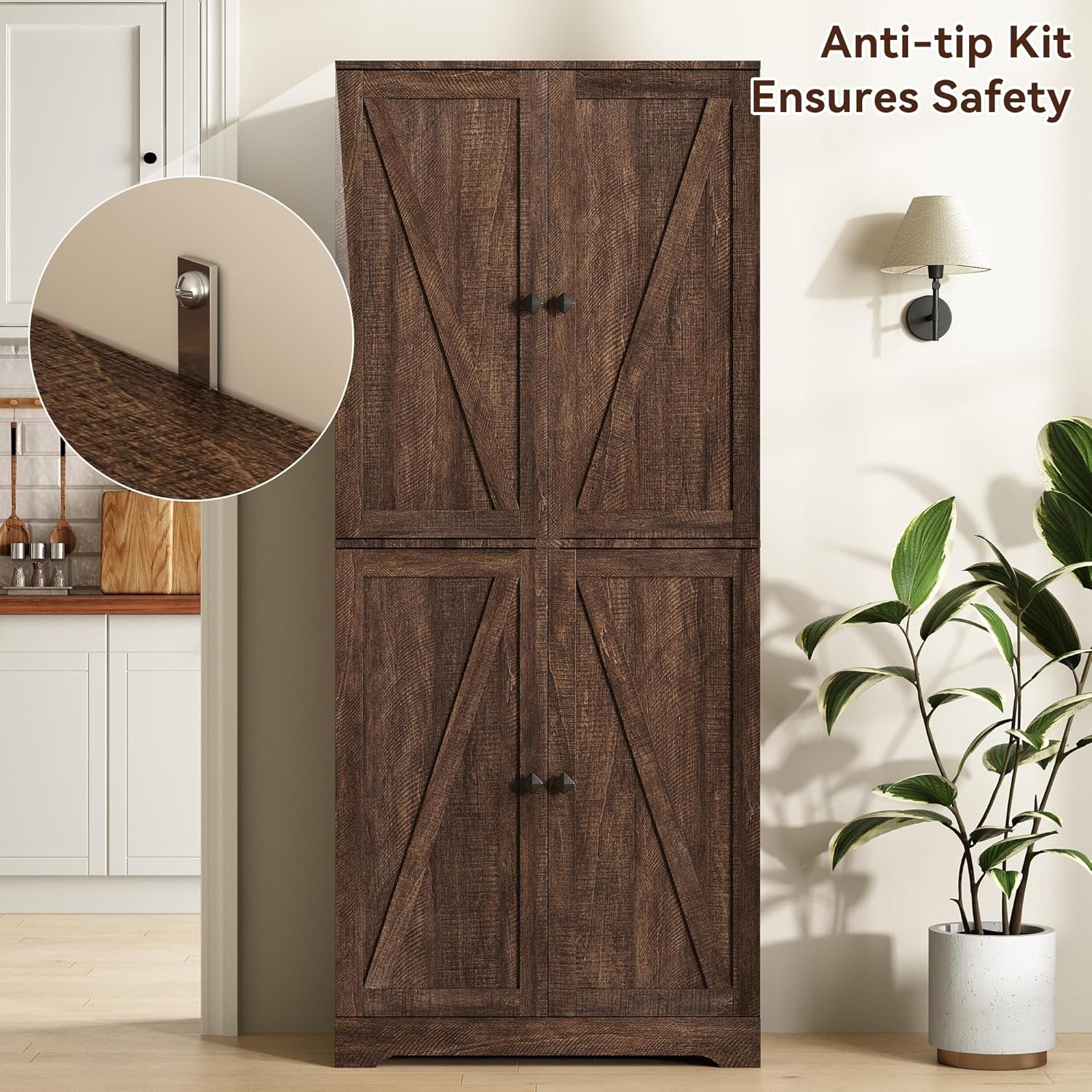 LYNSOM Farmhouse Storage Cabinet Set of 2, 72" Tall Kitchen Pantry Cabinet with 4 Barn Doors and Adjustable Shelves, Freestanding Storage Cabinets for Kitchen, Brown
