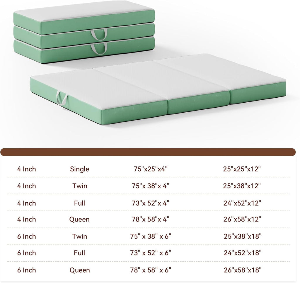 Memory Foam Trifold Mattress, Queen Portable Floor Bed 6 Inch, Foldable Mat with Washable Cover, Handle & Non-Slip Bottom, for RV, Travel, Camping, Yoga, 78"x58"x6", White Green