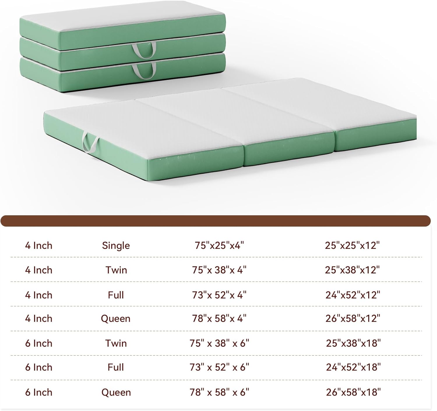 Memory Foam Trifold Mattress, Queen Portable Floor Bed 6 Inch, Foldable Mat with Washable Cover, Handle & Non-Slip Bottom, for RV, Travel, Camping, Yoga, 78"x58"x6", White Green