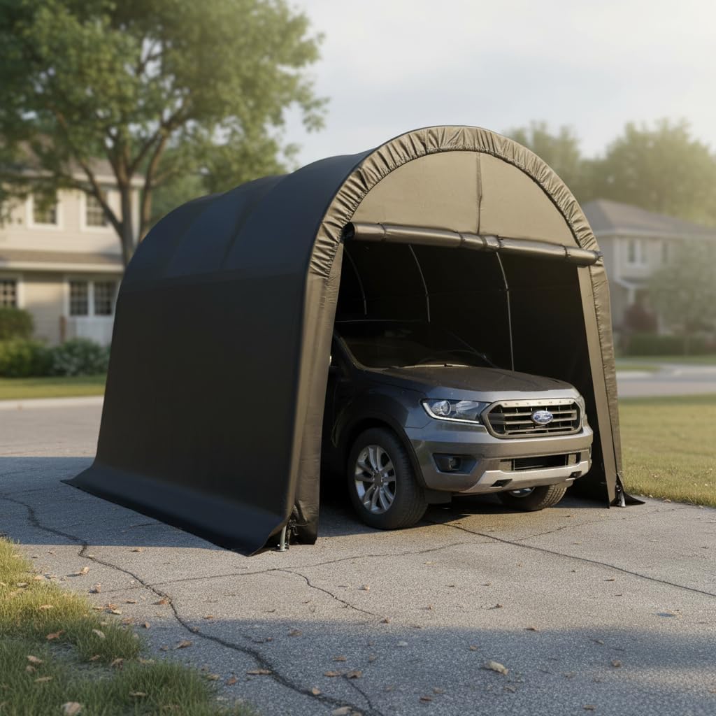 10x15 FT Heavy Duty Carport, Portable Garage with Reinforced All-Steel Frame and Round Style Roof, Anti-Snow All Covered Car Canopy Outdoor Waterproof Storage Shelter for Car,Truck,Boat