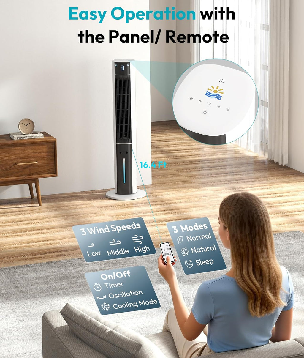 Evaporative Air Cooler - Swamp Cooler with 3L Water Tank, 3 Modes & 3 Speeds, Remote Control, 12H Timer, 50° Oscillating Portable Bladeless Cooling Tower Fan For Room Bedroom Office Mother's Day