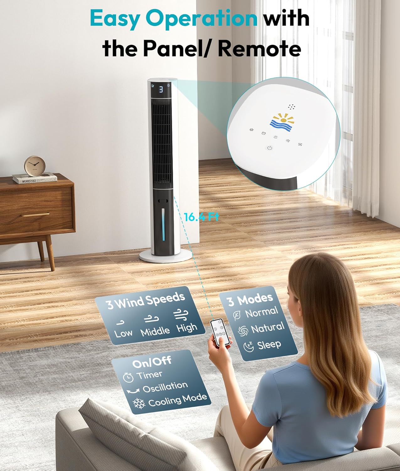 Evaporative Air Cooler - Swamp Cooler with 3L Water Tank, 3 Modes & 3 Speeds, Remote Control, 12H Timer, 50° Oscillating Portable Bladeless Cooling Tower Fan For Room Bedroom Office Mother's Day