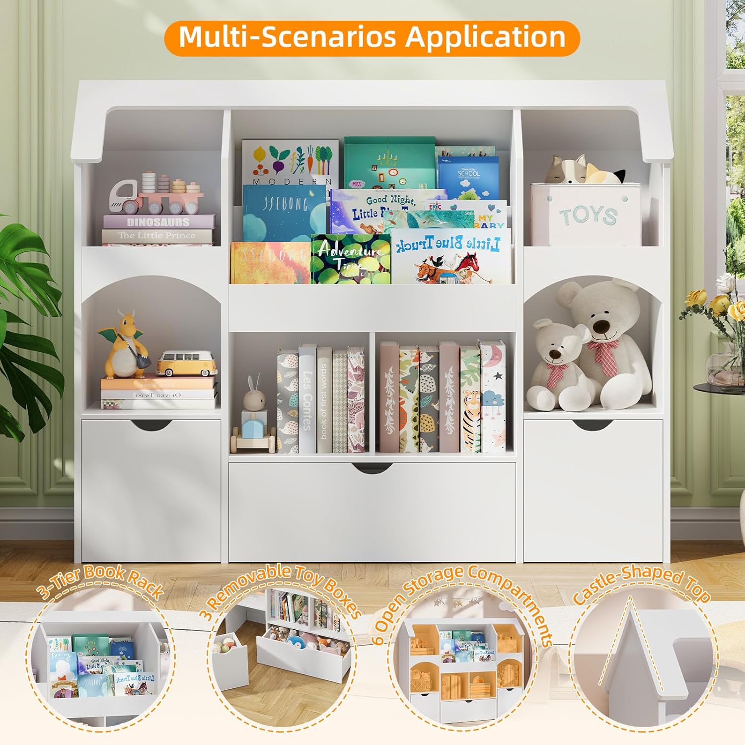 Kids Bookshelf with Toy Storage, Castle-Shaped Bookshelf with 3 Movable Drawers and LED Lights, Toy Storage Organizer with 3-Tier Book Rack for Kids Room, Playroom, Nursery