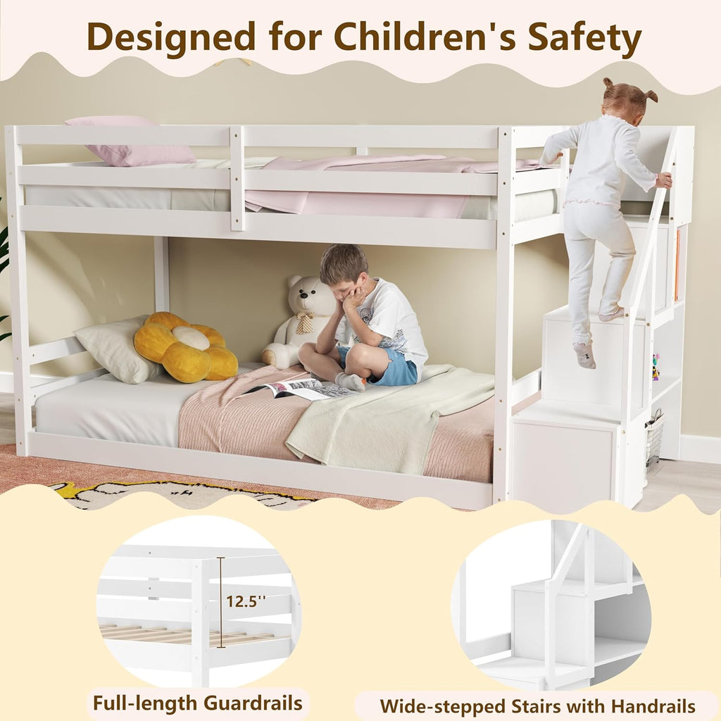 KOMFOTT Wood Twin Over Twin Low Bunk Bed with Storage Staircase, Wooden Bunk Bed Frame with Full-Length Guardrails, Low Profile Kids Bed with Slats Support, No Box Spring Needed (White)