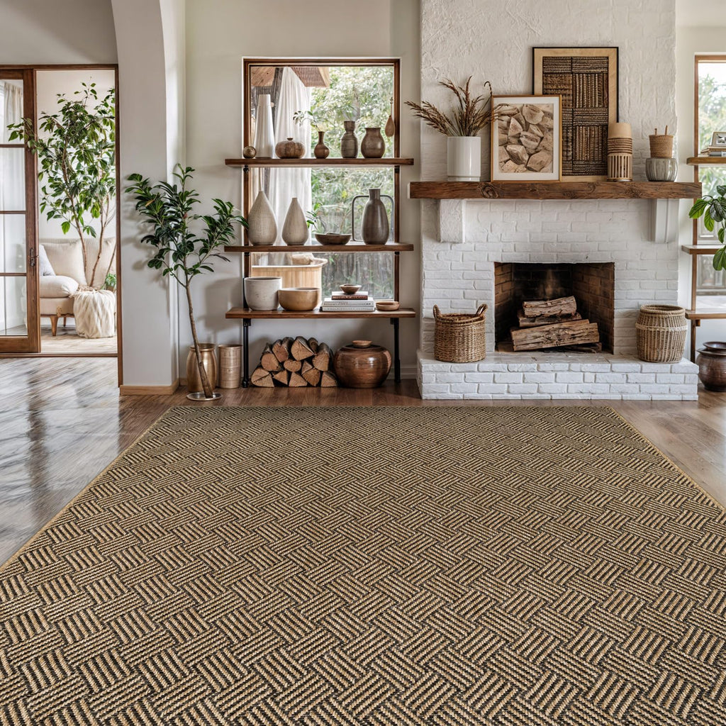Easy Jute Rugs 9x12 Herringbone Natural Color Living Room Indoor Outdoor Area Rug for Patio and Kitchen Rug High Traffic Washable Easy to Clean Solid Boho Woven Design Carpet (9 x 12)