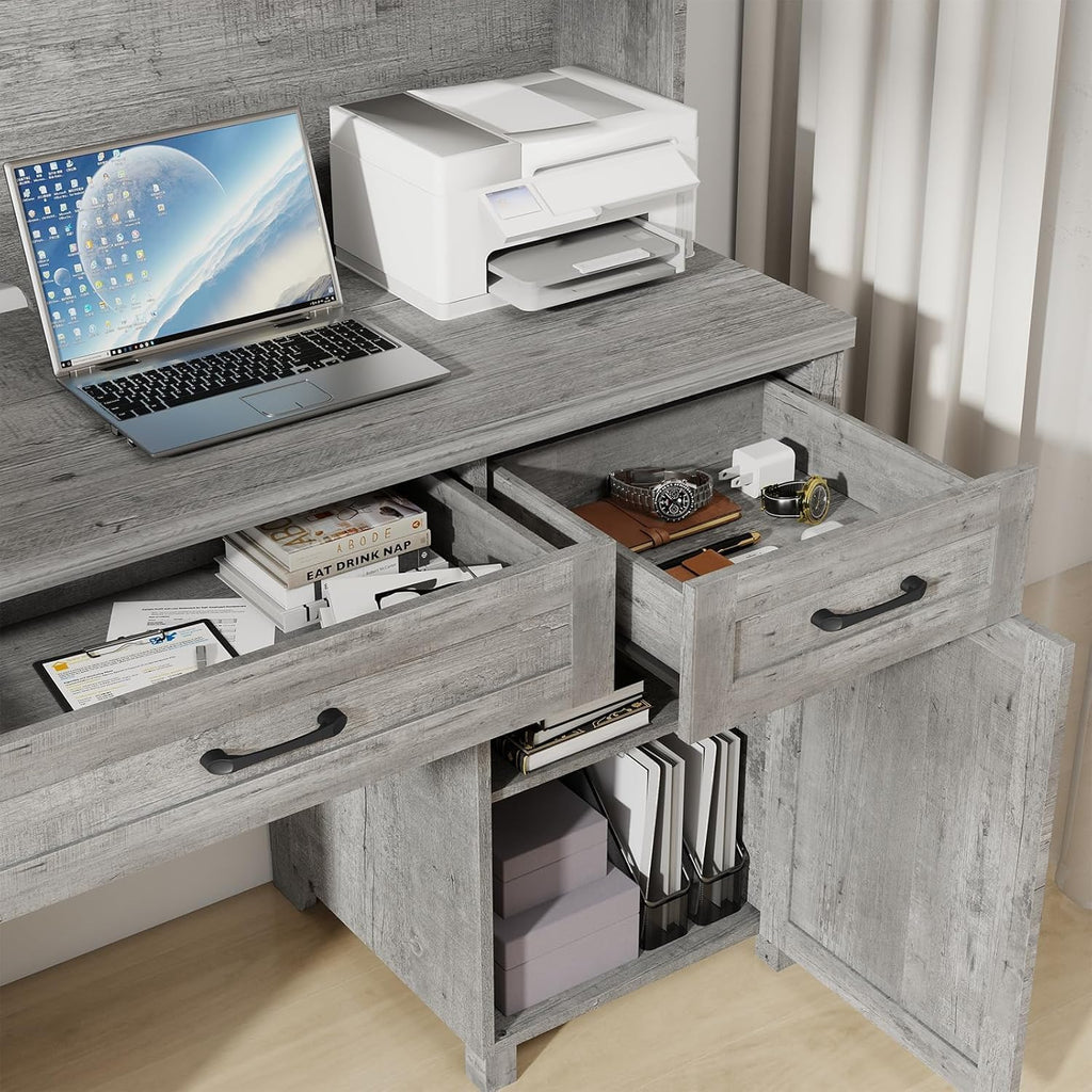 Vabches Farmhouse 61'' Executive Desk with 5 Drawers, Rustic Office Desk Computer Desk with Charging Station, File Drawers and Storage Cabinet, Wood Workstation for Home Office and Study,Grey.