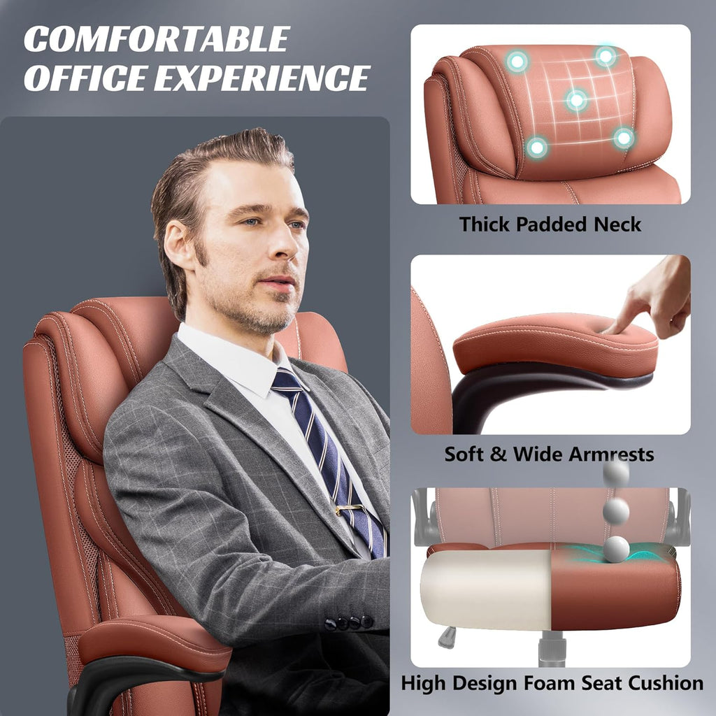 HeroSet Office Chair, Ergonomic Big and Tall Computer Desk Chairs, Executive Breathable Leather Chair with Adjustable High Back Flip-up Armrests, Lumbar Support Swivel PC Chair with Rocking Function
