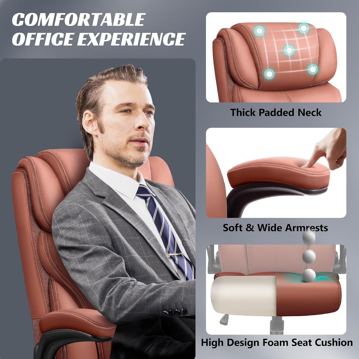 HeroSet Office Chair, Ergonomic Big and Tall Computer Desk Chairs, Executive Breathable Leather Chair with Adjustable High Back Flip-up Armrests, Lumbar Support Swivel PC Chair with Rocking Function