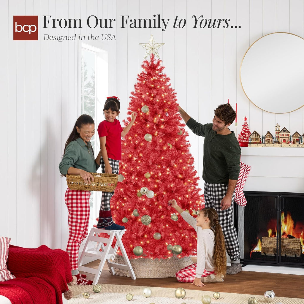 Best Choice Products 7.5ft Pre-Lit Red Christmas Tree, Full Artificial Holiday Decoration w/ 1,350 Branch Tips, 550 Lights, Foldable Base