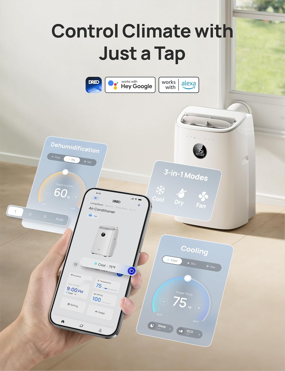 DREO Portable Air Conditioners, 8000 BTU ASHRAE (5000 BTU DOE) Smart AC Unit for Bedroom with Drainage-free Cooling, 45dB Quiet, APP/Voice/Remote, Portable AC for Room Indoors, AC318S