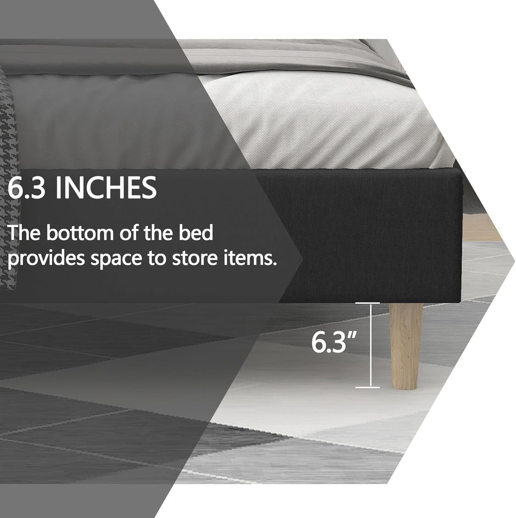 alazyhome Upholstered Platform Queen Size Bed Frame with Headboard Wooden Slats Support No Noise Easy Assembly Black Linen