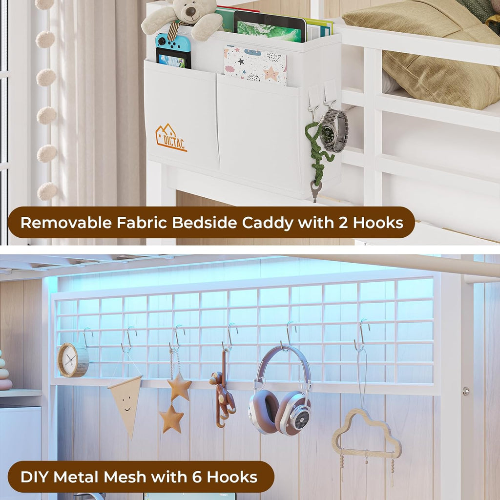 DICTAC Twin Size Loft Bed with L-Shaped Desk and 7 Storage Drawers,Metal Twin Loft Bed for Kids with LED Lights and Charging Station,13.11" H Safety Guardrail and Ladder,No Box Spring Needed, White