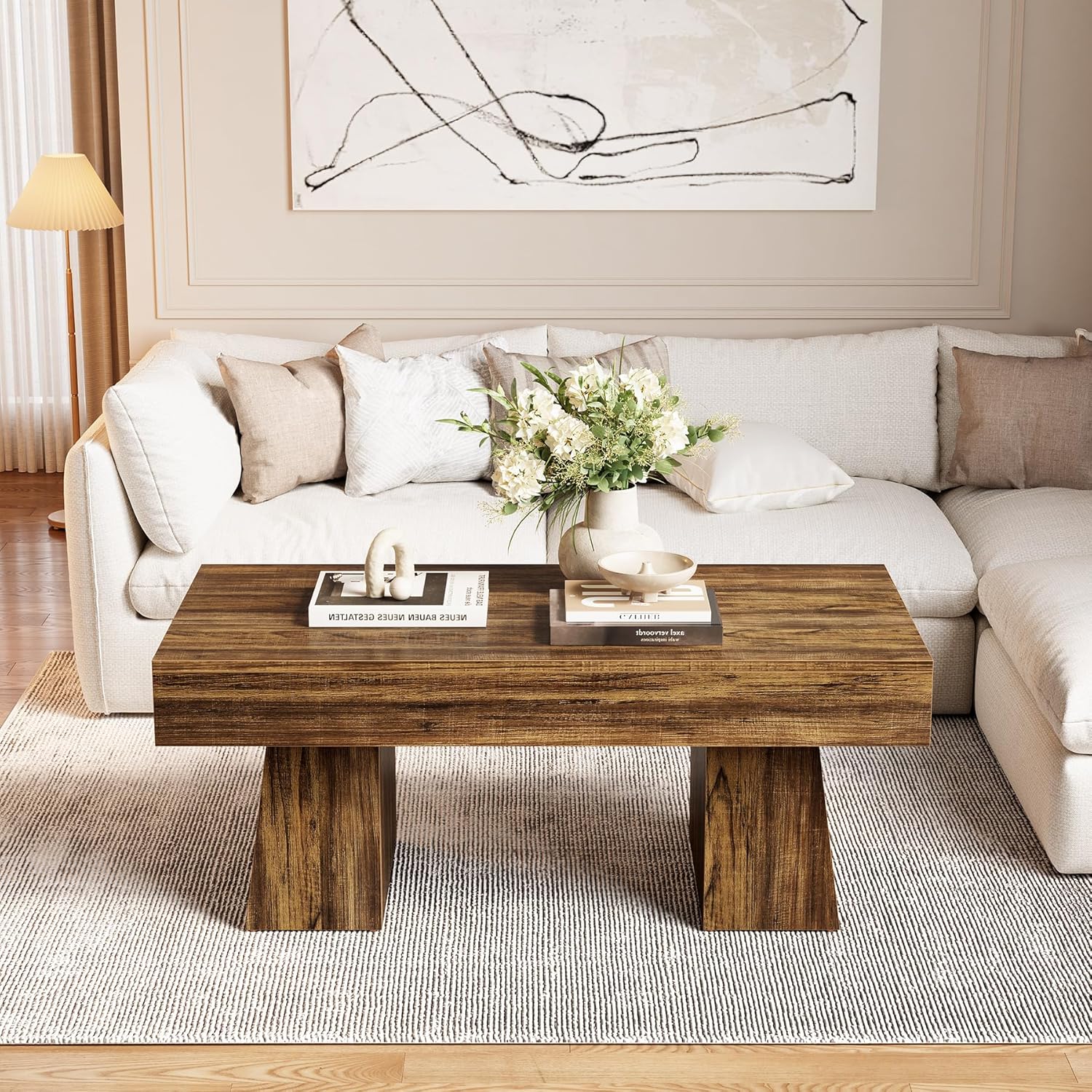 LITTLE TREE Farmhouse Coffee Table, 47 Inches Living Room Table, Rectangular Wooden Accent Center Tables with Thick Base, Modern Low Cocktail Tea Furniture for Living Room (Walnut Brown)