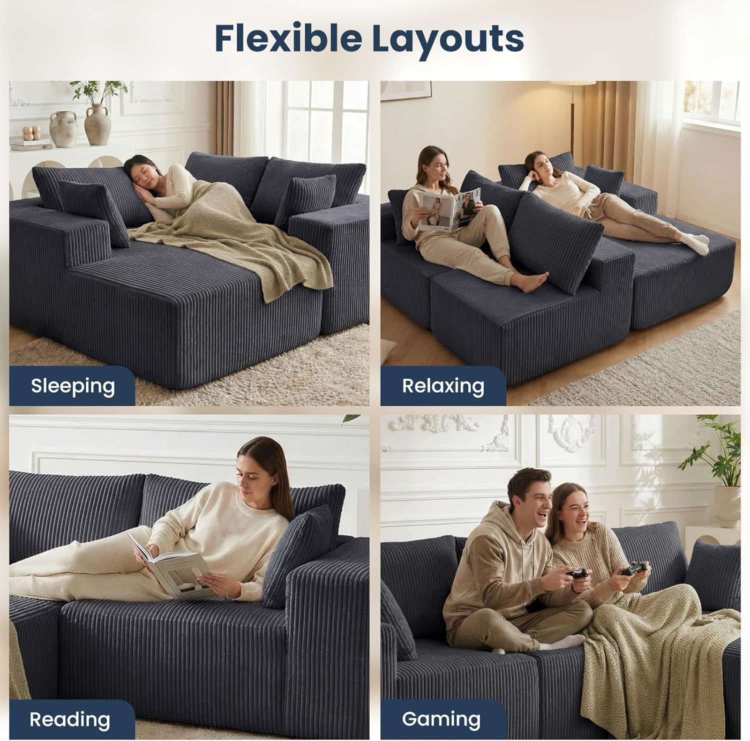 DUMOS 108" Boneless Couch, Cloud Sectional Couch with L-Shape Chaise, Modular Sectional Sofa with Deep Seat, Upholstered Couch for Living Room Bedroom, No Assembly Required (Grey, Left Facing Chaise)