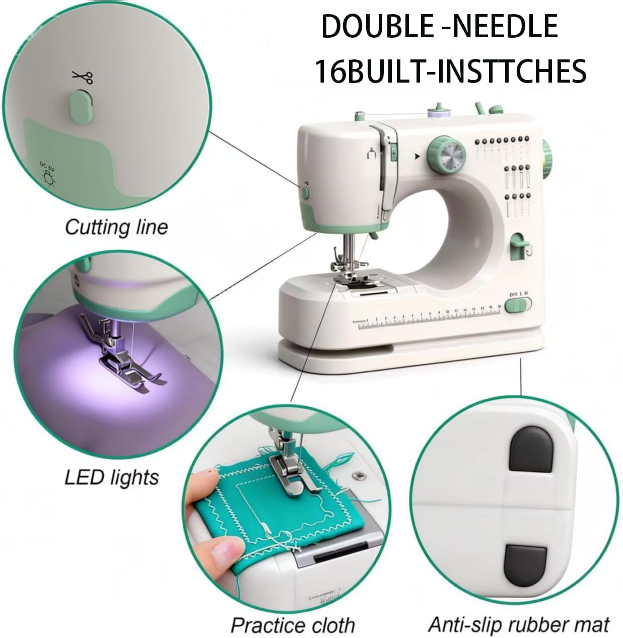 Sewing Machine for Beginners Twin Needles Sewing Machines 16 Built-in Stitches with Accessory Kit, Compact Travel Design for Clothing Repairs, DIY Crafting with Foot Pedal