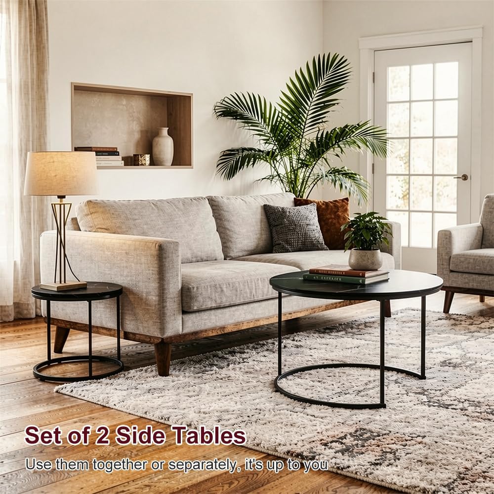 Nesting Coffee Table Set of 2, 27.6inch Round Coffee Table Wood Marble Pattern Top with Sturdy Metal Frame, End Table Side Tables for Living Room Bedroom Balcony Yard (Black),CFT2601