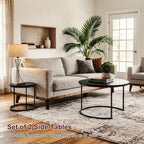 Nesting Coffee Table Set of 2, 27.6inch Round Coffee Table Wood Marble Pattern Top with Sturdy Metal Frame, End Table Side Tables for Living Room Bedroom Balcony Yard (Black),CFT2601