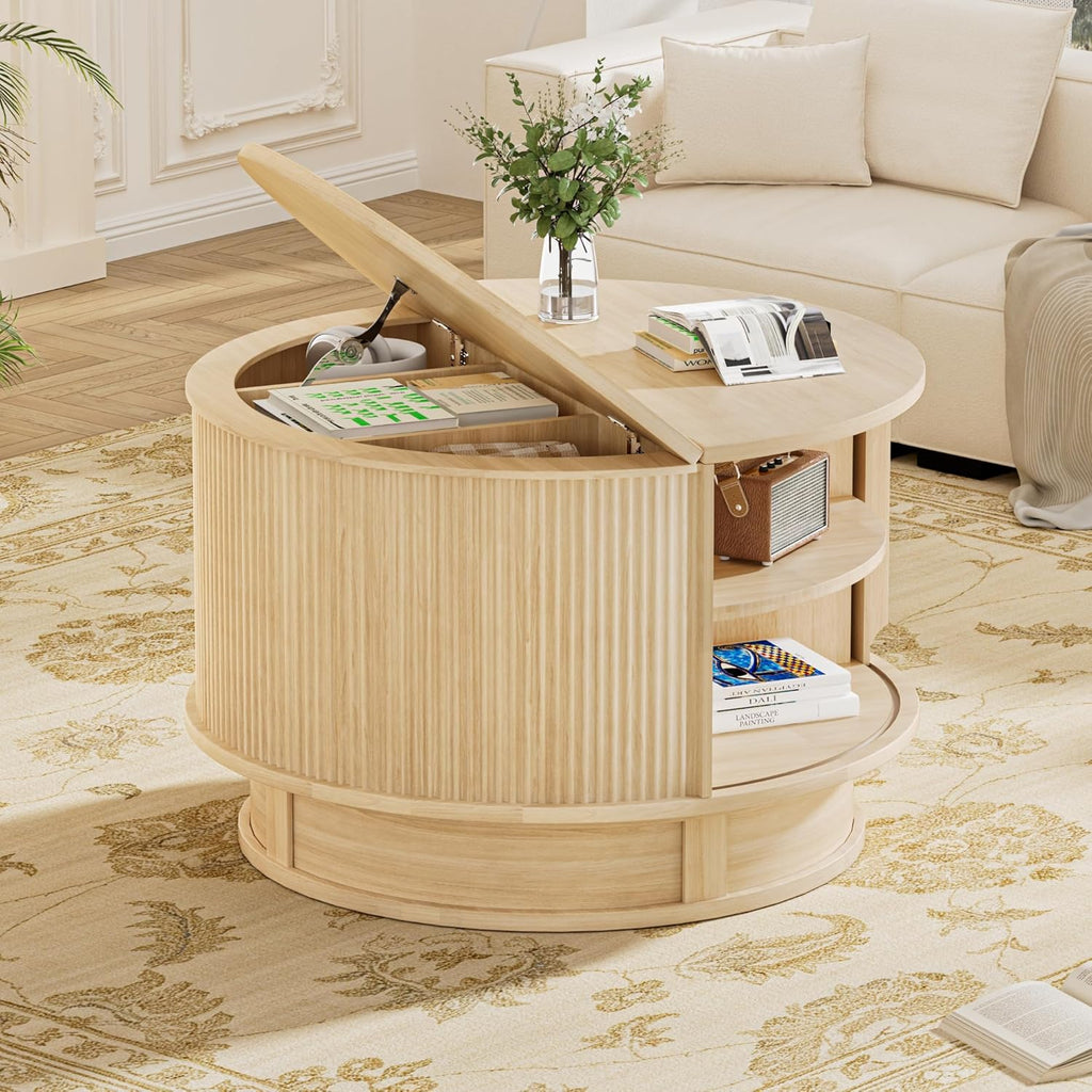 31.5" Round Fluted Coffee Table with Hidden Storage, Modern Wood Coffee Table with Flip-Up Hinged Tabletop, Divided Compartments and Rotating Base for Living Room & Apartment (Natural Wood)