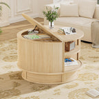 31.5" Round Fluted Coffee Table with Hidden Storage, Modern Wood Coffee Table with Flip-Up Hinged Tabletop, Divided Compartments and Rotating Base for Living Room & Apartment (Natural Wood)